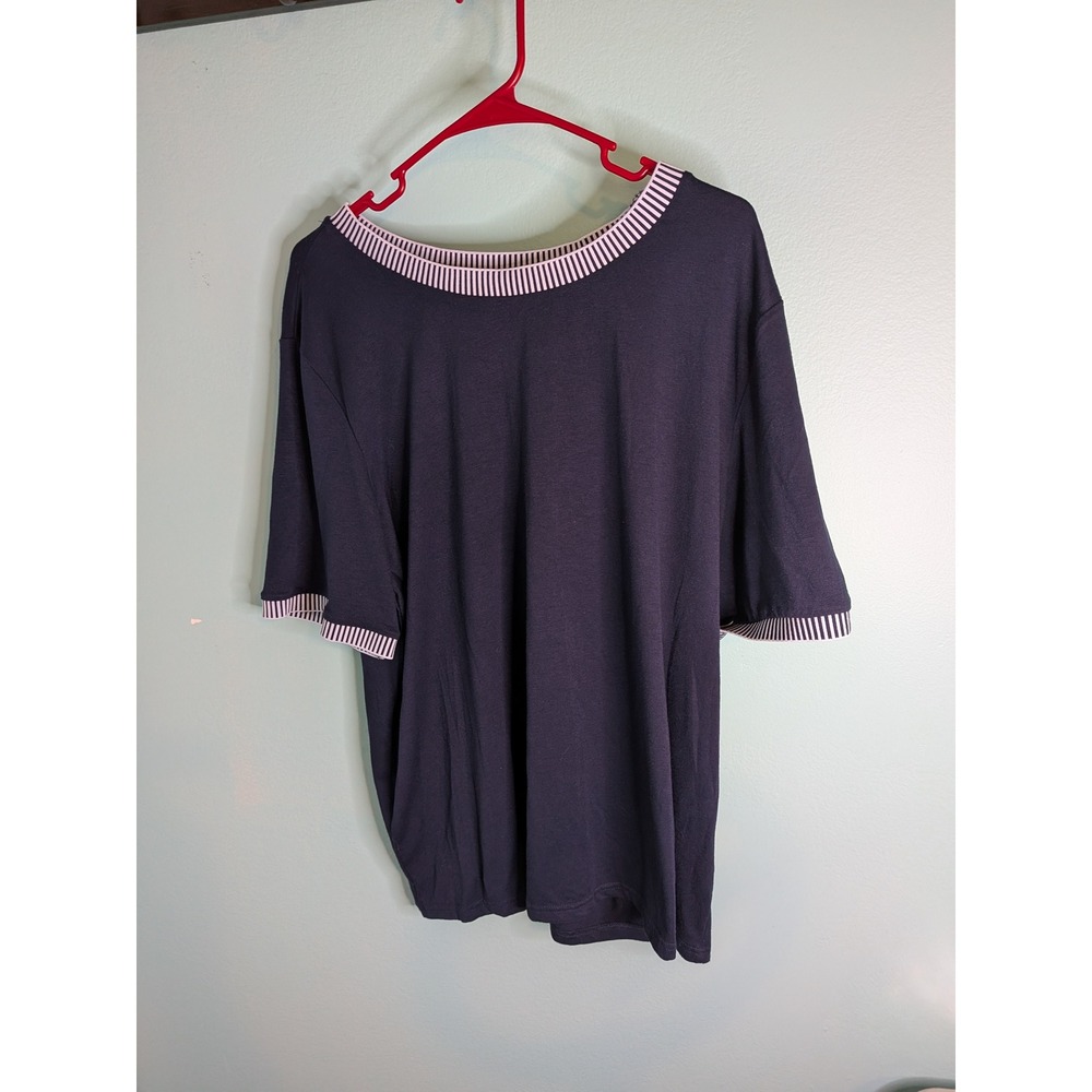 Merokeety Womens XL Navy Blue Short Sleeve Striped‎ Trim Crew Neck Relaxed Fit